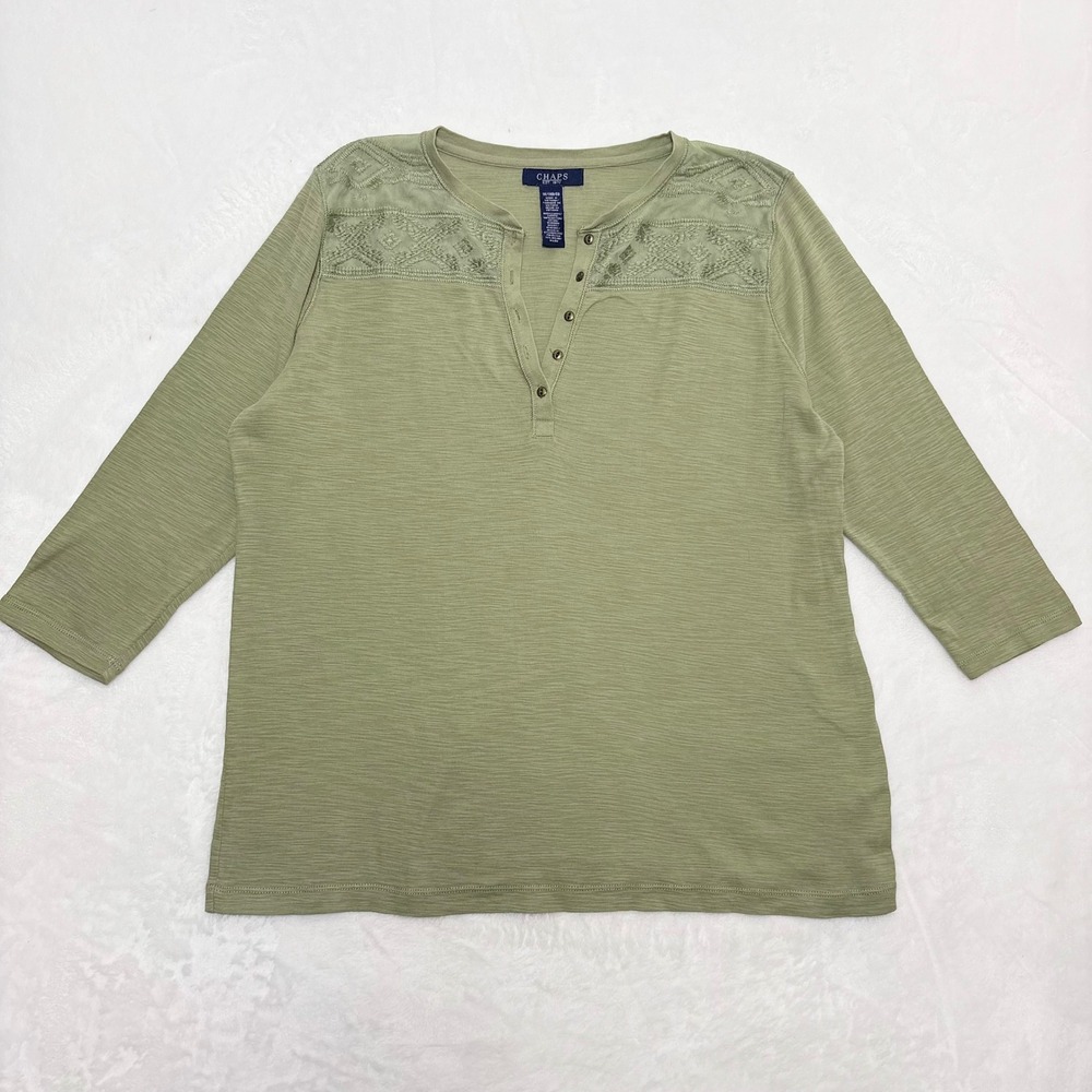 Chaps Womens 1X Sage Green Slub Henley Top Embroidered Mesh Shoulder 3/4 Sleeve
